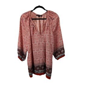Ava Christine Red Paisley Geometric Split V Neck 3/4 Sleeve Boho Top Womens 3X